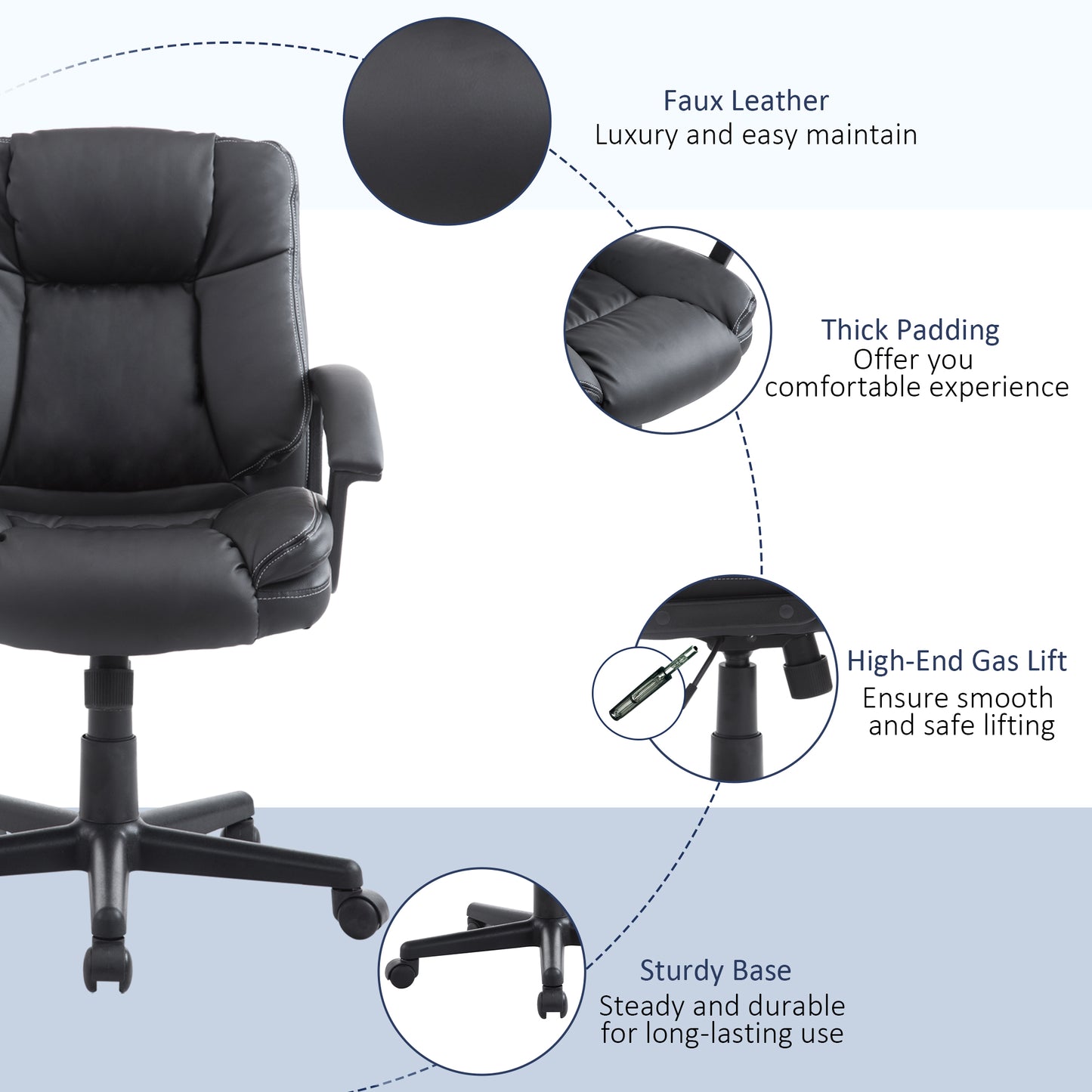 Desk Chair, PU Leather Office Chair with Adjustable Height and Swivel Wheels, for Home Work Study, Black