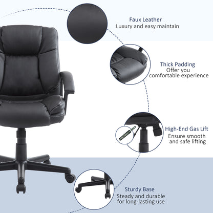 Desk Chair, PU Leather Office Chair with Adjustable Height and Swivel Wheels, for Home Work Study, Black
