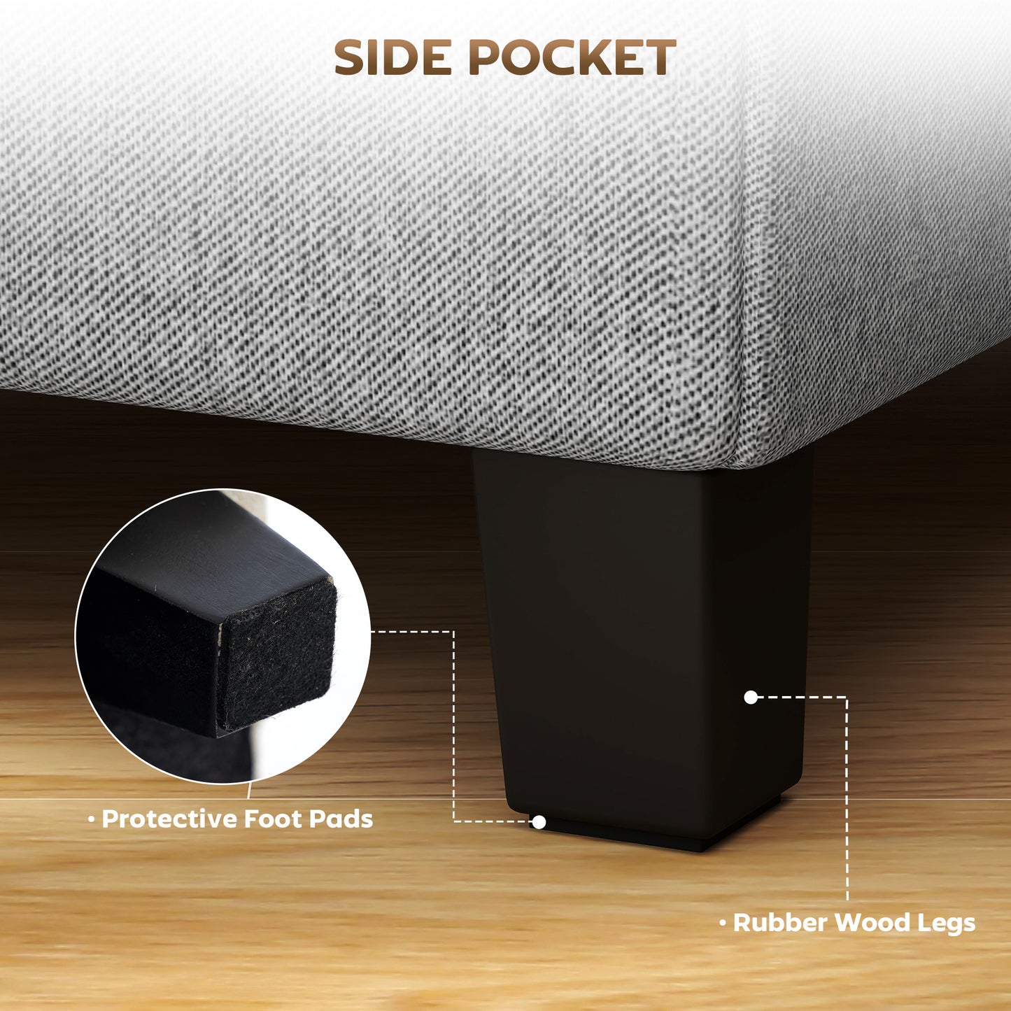 Square Footstool, Small Ottoman with Side Pocket, Linen Fabric Footrest Foot Stool with Rubber Wood Legs and Padded Seat for