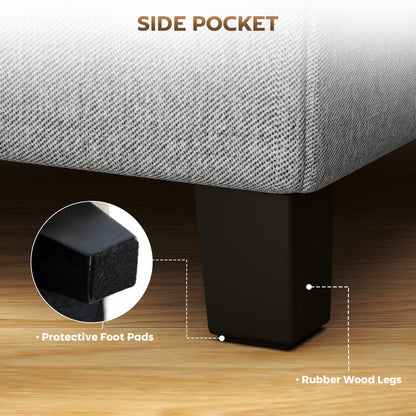 Square Footstool, Small Ottoman with Side Pocket, Linen Fabric Footrest Foot Stool with Rubber Wood Legs and Padded Seat for
