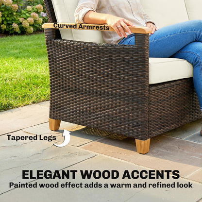 3 Seater Rattan Garden Sofa, PE Wicker Outdoor Sofa Wide Deep Seat, 4" Cushions, Wood-Effect Armrests Legs, Brown