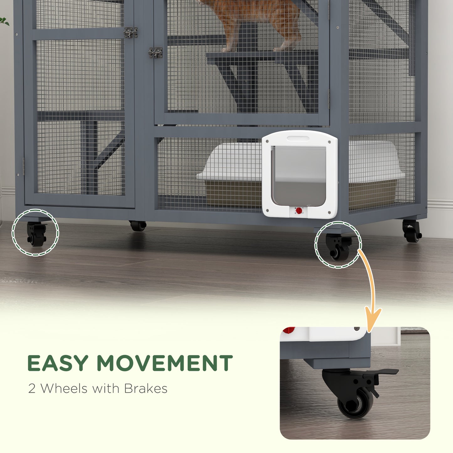 Cat House, Wooden Indoor Catio Cat Enclosure on Wheels, Wooden Kitty Cage with Platforms, Hammock, Light Grey