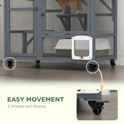 Cat House, Wooden Indoor Catio Cat Enclosure on Wheels, Wooden Kitty Cage with Platforms, Hammock, Light Grey