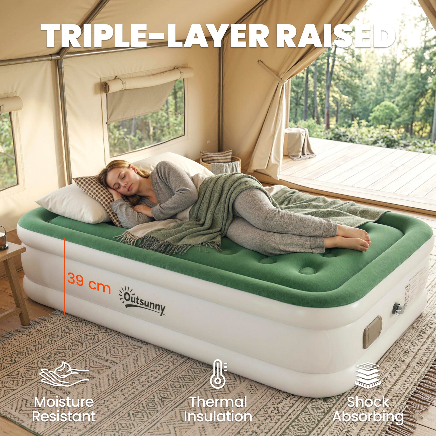 Inflatable Mattress, Single Air Bed with Built-in Electric Pump, 3 Mins Inflation, Flocked Surface, Dark Green