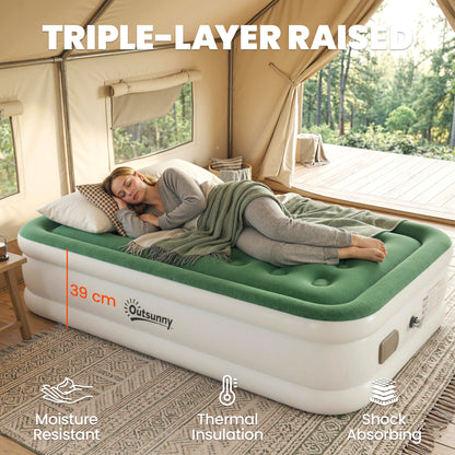 Inflatable Mattress, Single Air Bed with Built-in Electric Pump, 3 Mins Inflation, Flocked Surface, Dark Green