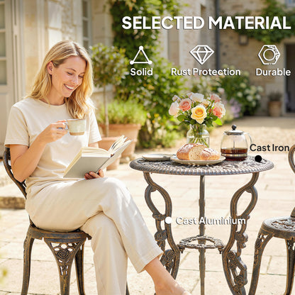 Outdoor Bistro Set Vintage Rose Design Patio Furniture Set with Round Table and 2 Chairs Metallic Finish