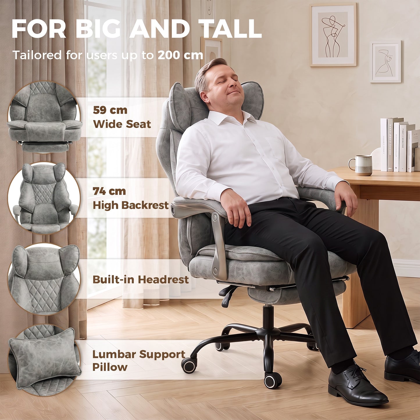 Executive Office Chair, Leathaire Big and Tall Office Chair 180 kg with Wide Seat, Reclining, Lumbar Support, Grey