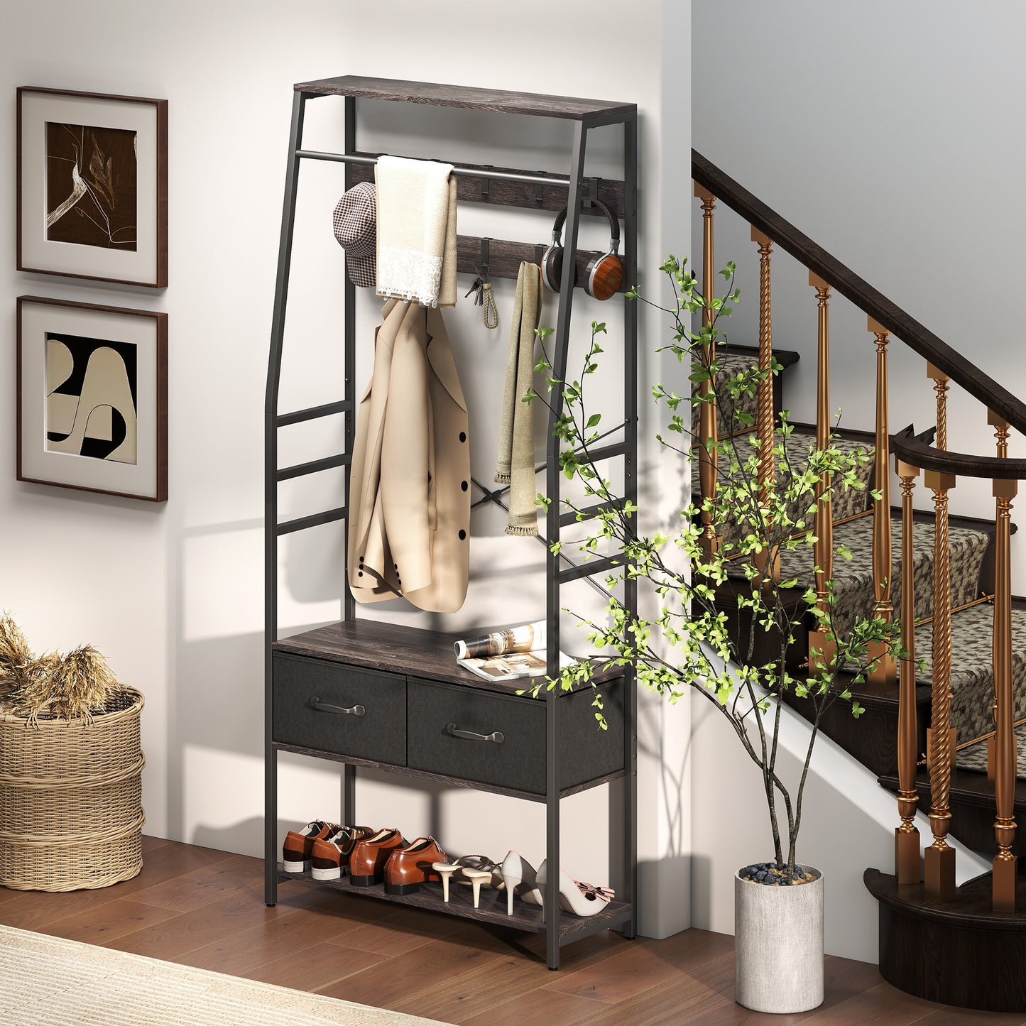 Coat Rack with Shoe Storage, Hall Tree, Industrial Coat Stand with Shoe Bench, 10 Removable Hooks