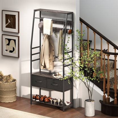 Coat Rack with Shoe Storage, Hall Tree, Industrial Coat Stand with Shoe Bench, 10 Removable Hooks
