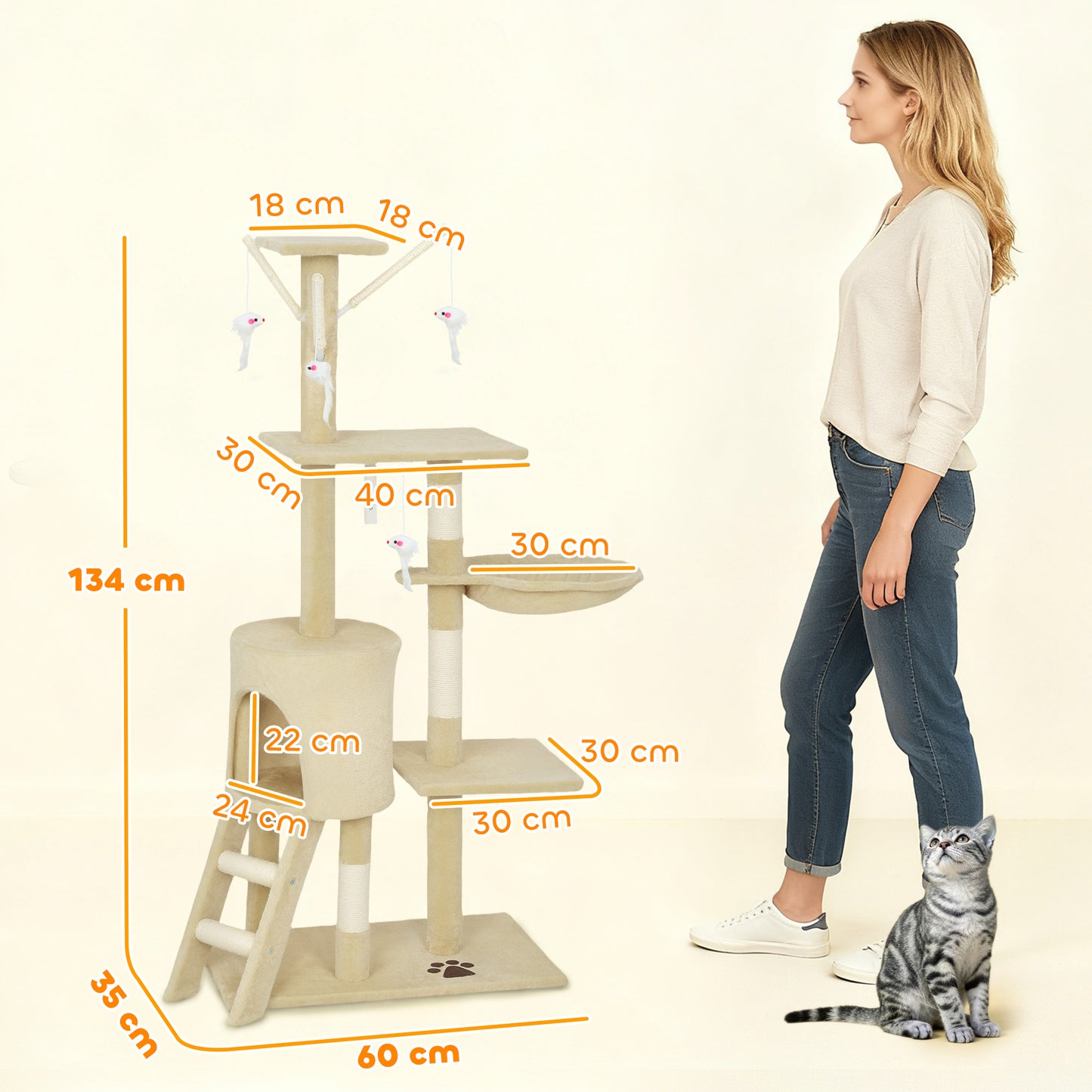 Multi-Level Cat Tower, 134cm Cat Tree with Condo and Sisal Scratching Posts for Indoor Kittens, Beige