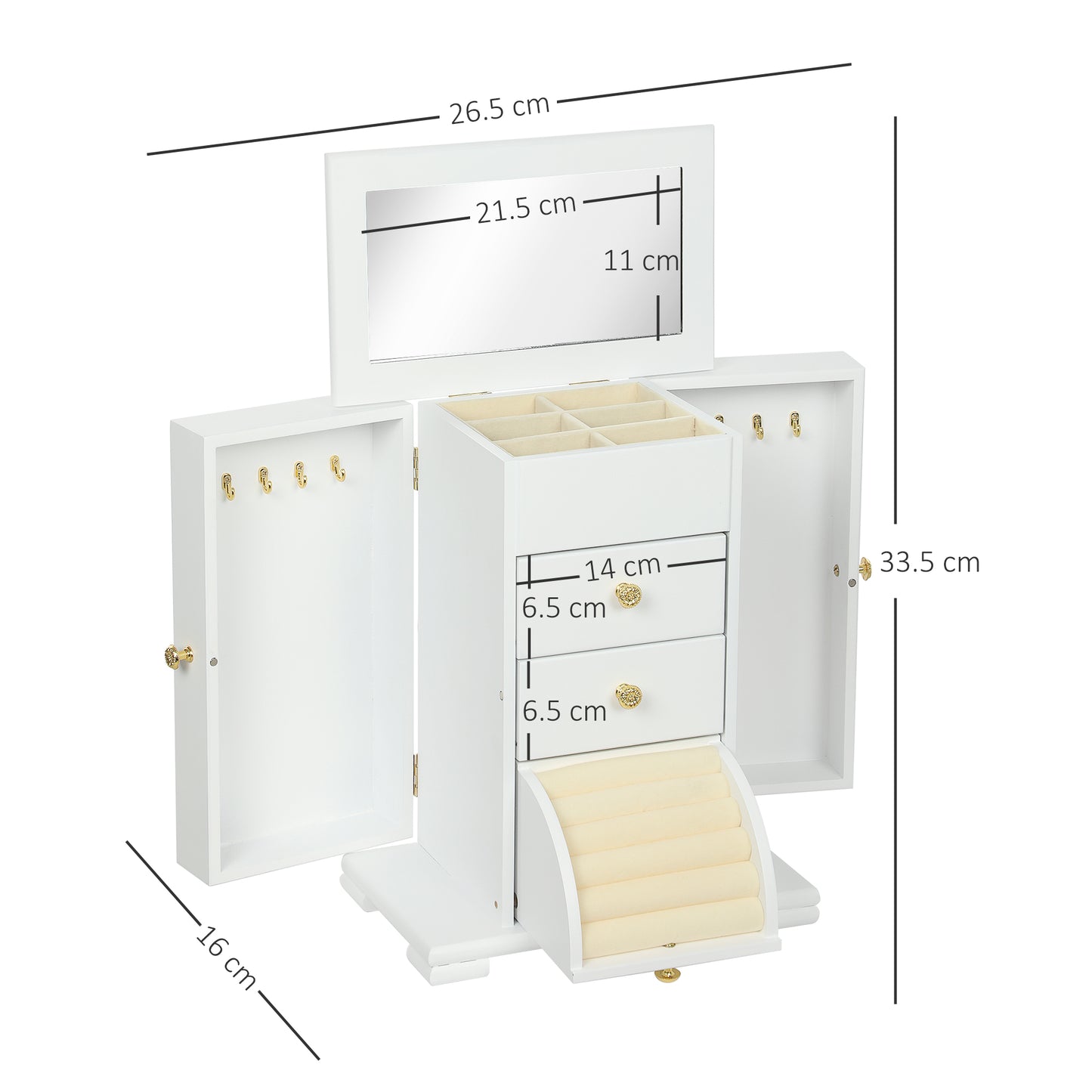 4-Tier Jewellery Box with Mirror and 3 Drawers - White