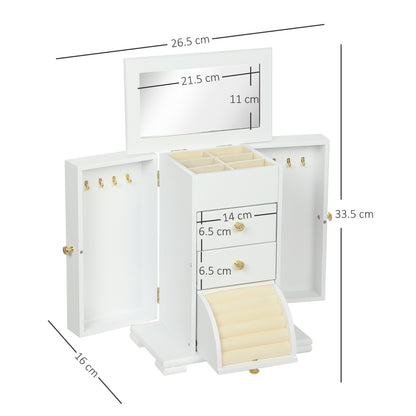 4-Tier Jewellery Box with Mirror and 3 Drawers - White