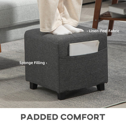 Square Footstool, Small Ottoman with Side Pocket, Linen Fabric Footrest Foot Stool with Rubber Wood Legs and Padded Seat for