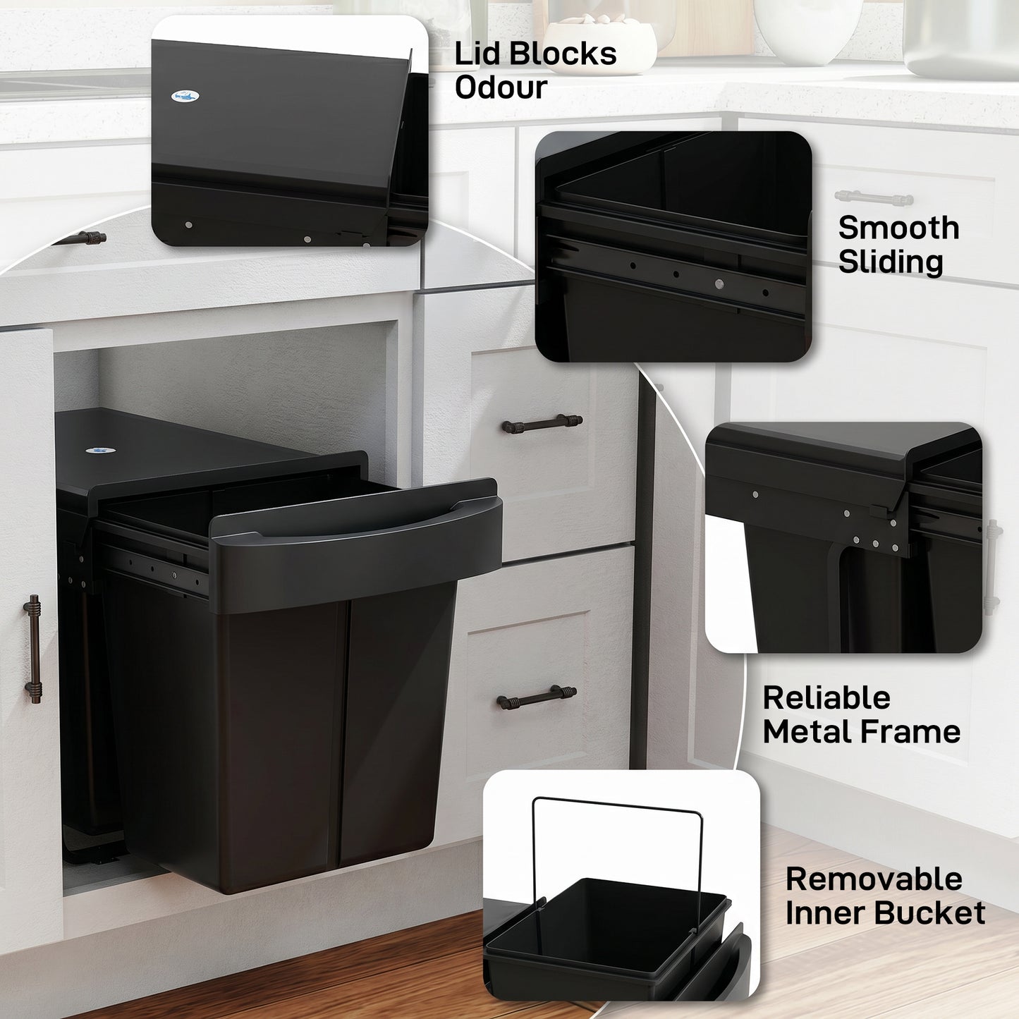 Pull Out Bin, Kitchen Under Sink Bin with 2 Removable Compartments, Smooth Glide, Black