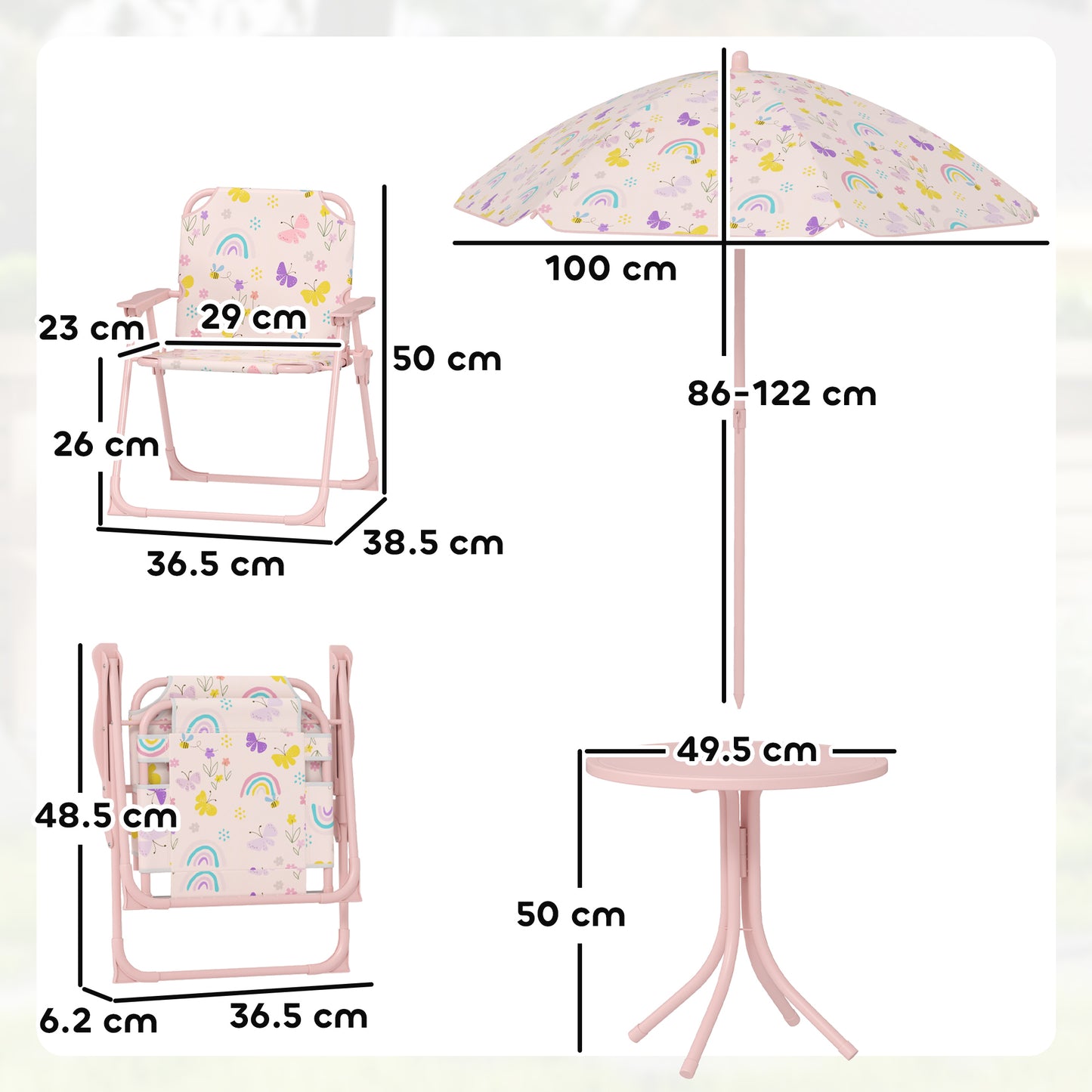 4-Piece Kids Garden Table and Chair Set with Adjustable Parasol, Folding Chairs, Table, Rainbow Pattern, Pink