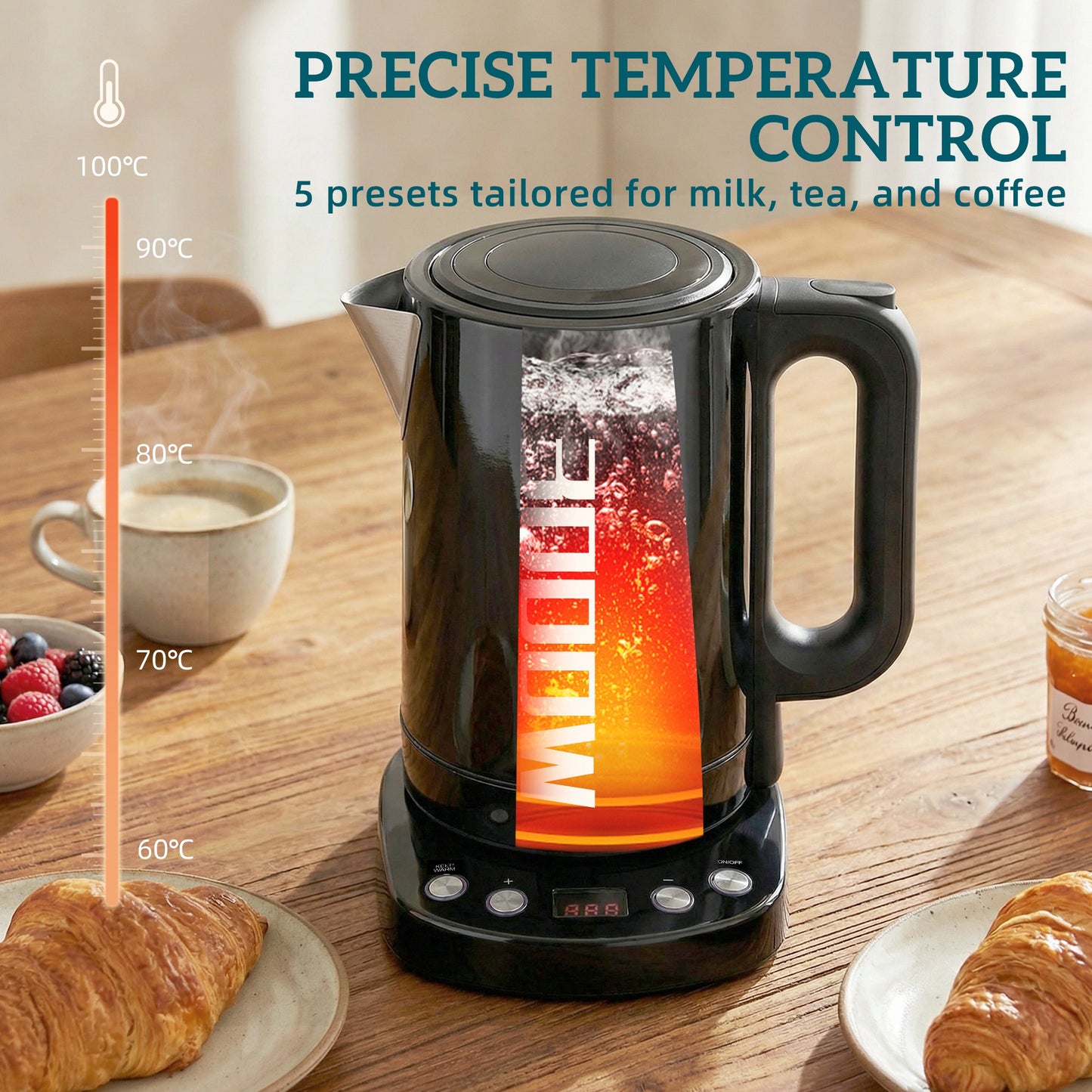 Electric Kettle, 1.7L, Fast Boil, 3kW Water Kettle with UK Strix Thermostat, Keep Warm Function, LCD Base, Black
