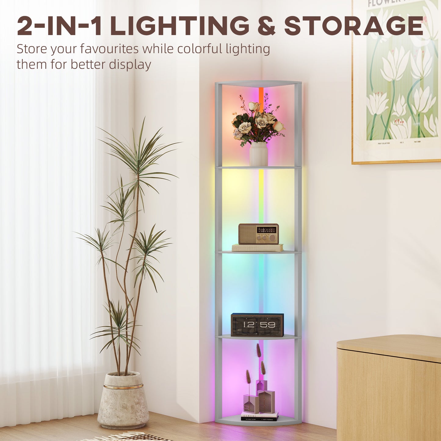 RGB LED Floor Lamp with Shelves, 4-Tier Dimmable Standing Lamp with Adjustable Brightness and Remote Control