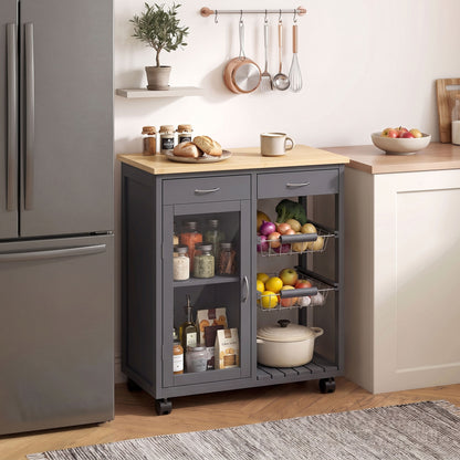 Bamboo Kitchen Island, Rolling Kitchen Trolley with Glass Door, 2 Metal Wire Baskets and Adjustable Shelf, Grey