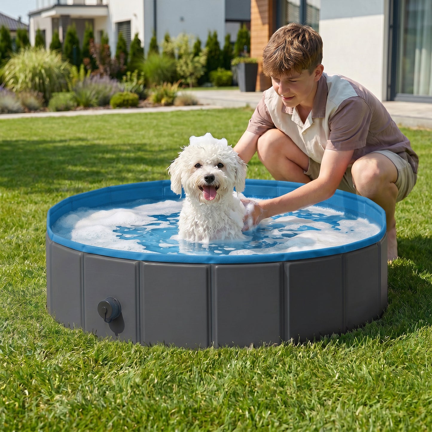 Foldable Dog Pool for Puppies and Ducks Dog Paddling Pool Bath Tub, Dark Grey, 80 x 20 cm