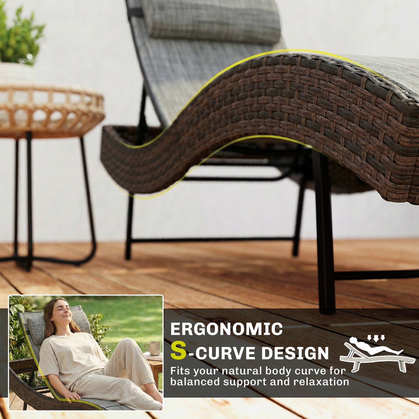 Rattan Sun Lounger, Garden Recliner with 5 Position Adjustable Back, S Shaped Texteline Seat, Headrest, Brown