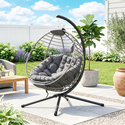 PE Rattan Swing Chair, Outdoor Hanging Chair with Metal Stand, Thick Padded Cushion, Foldable Basket and Cup Holder