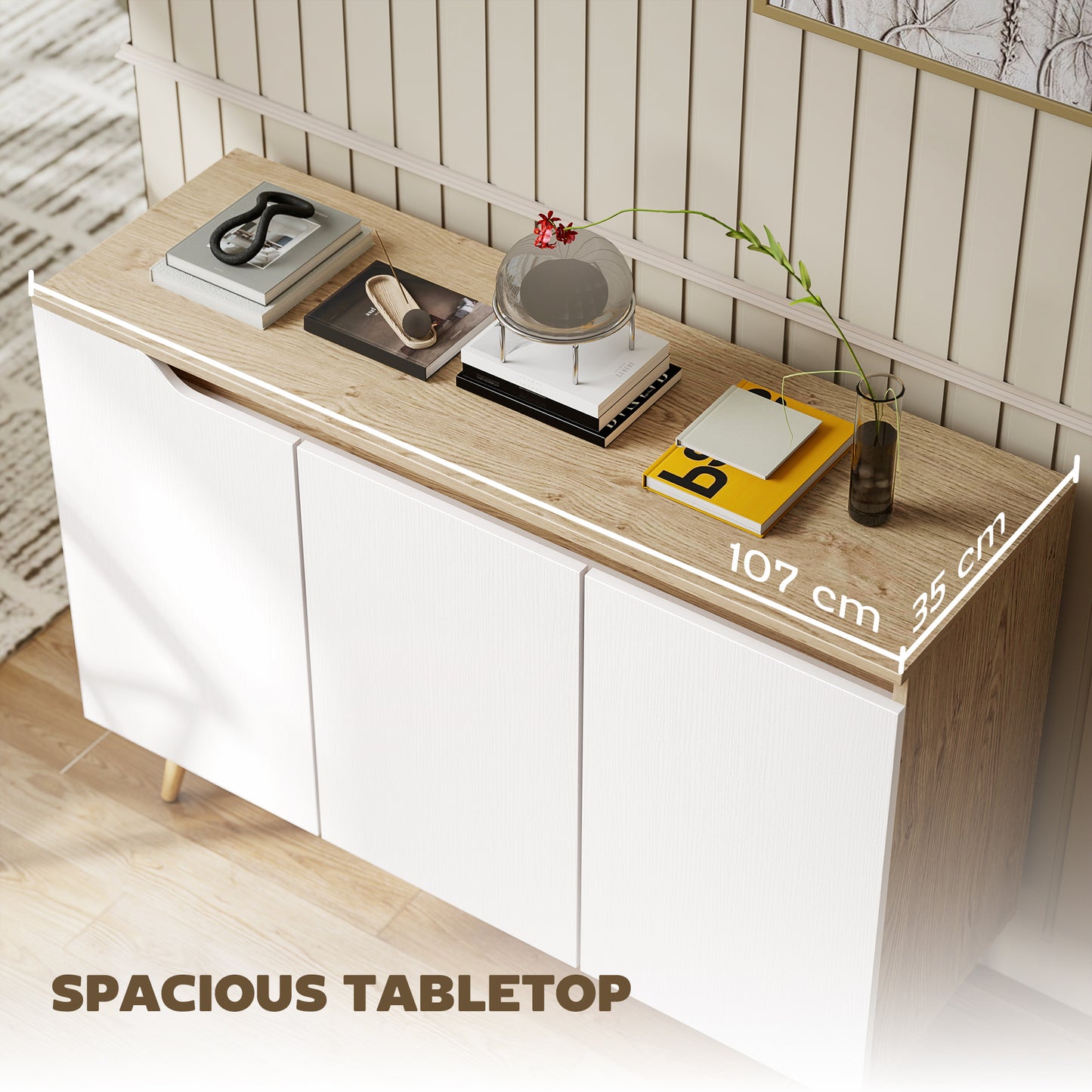 Sideboard Storage Cabinet, Kitchen Cupboard with 3 Doors, 2 Adjustable Shelves and 5 Rubberwood Legs, White and Oak