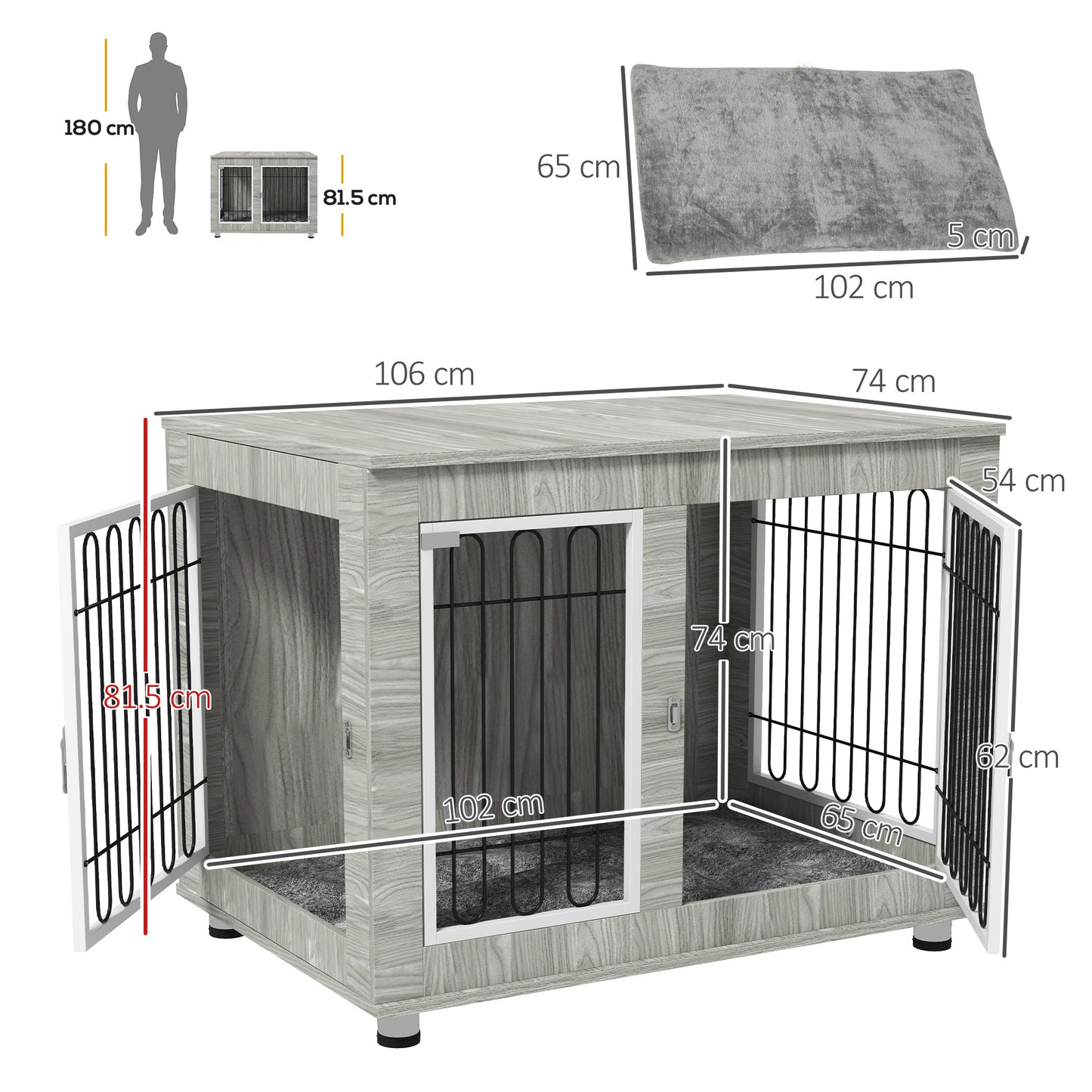 Dog Crate Furniture, Dog Cage End Table. with Soft Cushion, Double Door, for Large Dogs, Grey