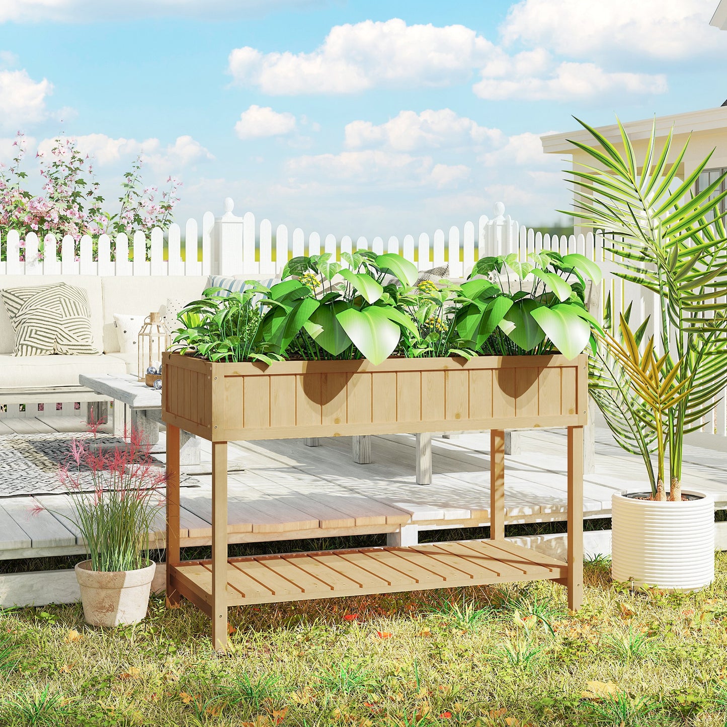 Garden Wooden Planters, Rectangular 8 Compartment Plant Stand, Oak Tone