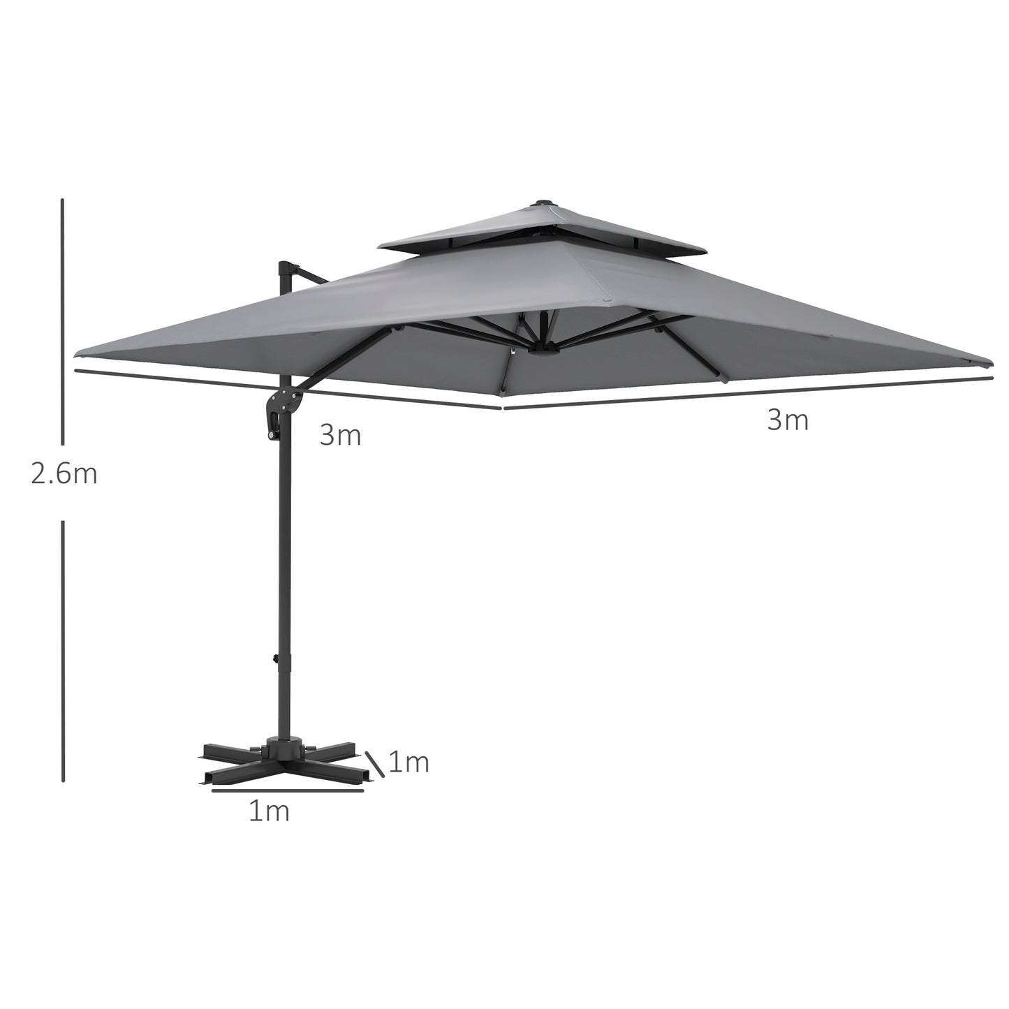3 x 3(m) Cantilever Parasol with Aluminium Frame, Crank and Tilt, 360-Degree Rotation, Double Top Garden Umbrella