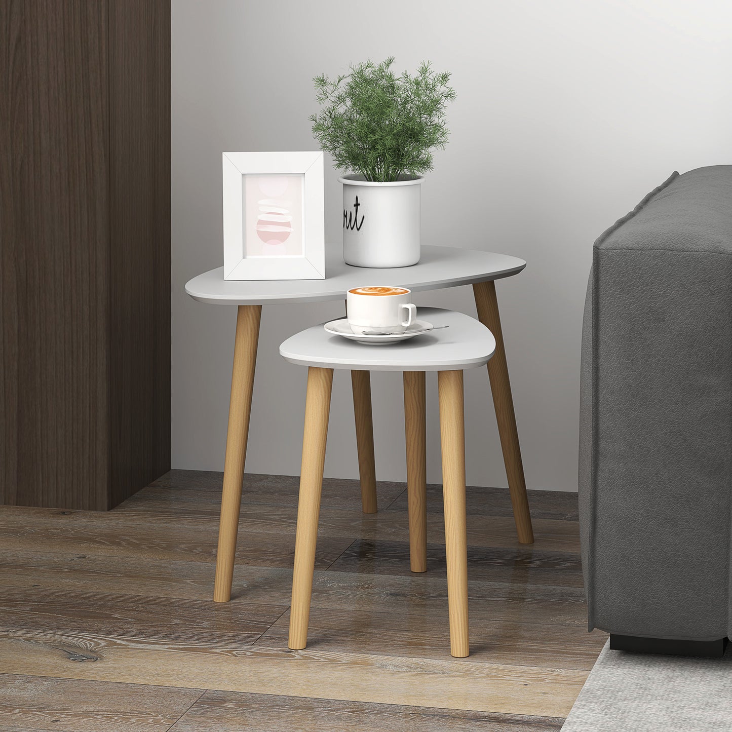 Nesting Coffee Table, Set of 2 Side Tables, Stacking End Tables with Solid Wood Legs, for Living Room Bedroom, Light Grey
