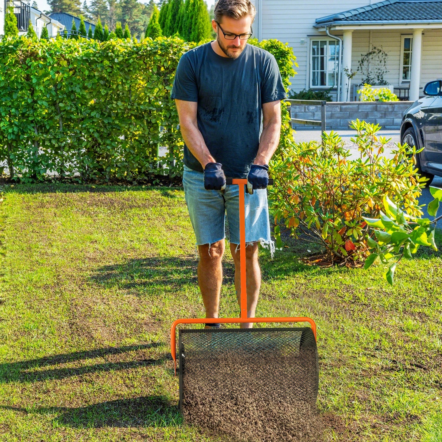 Compost Spreader, 24" Peat Moss Spreader with Height Adjustable T Shaped Handle and Metal Mesh Basket