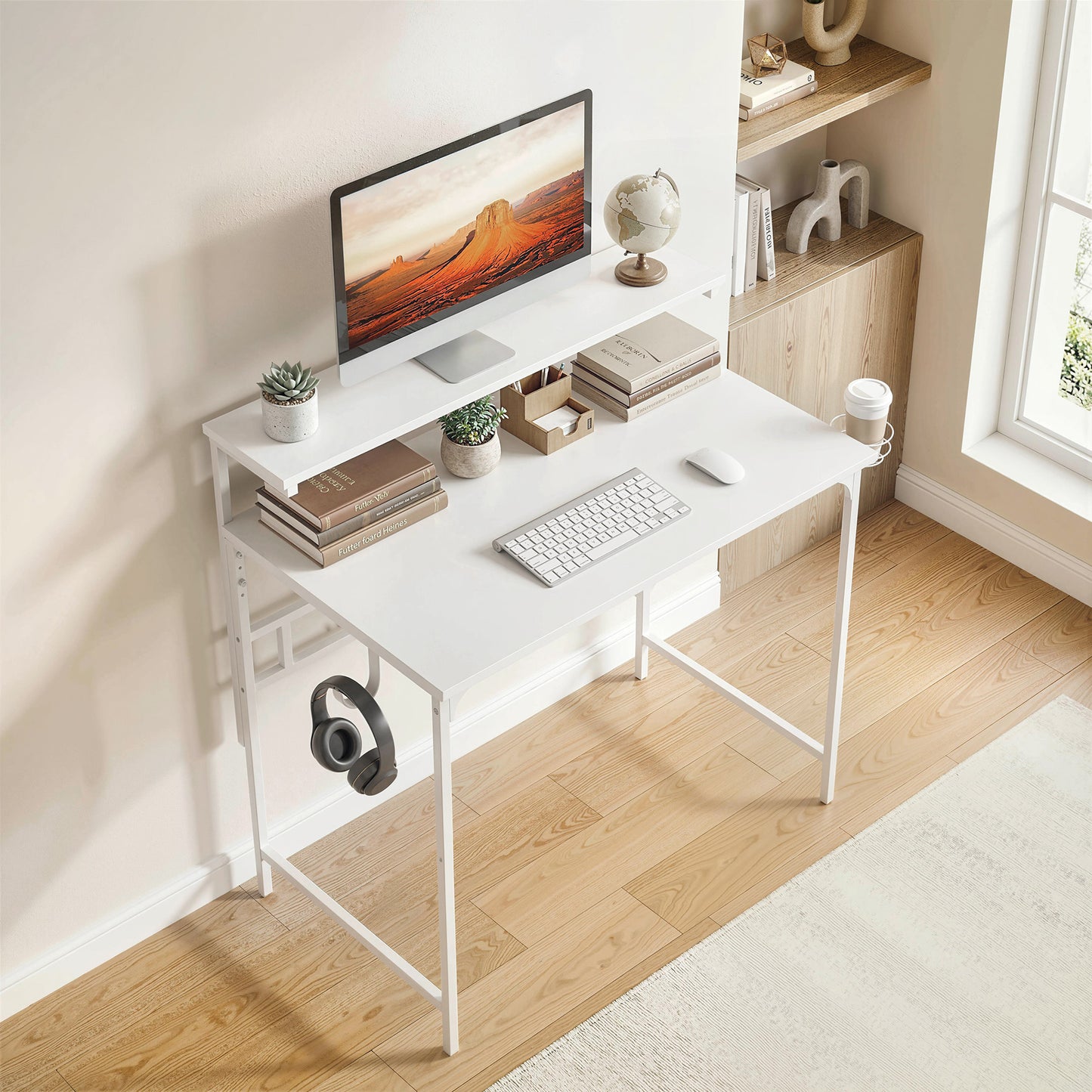 Computer Desk, 80cm Home Office Study Table with Hutch Shelf, Cup Holder, Headphone Hook, White