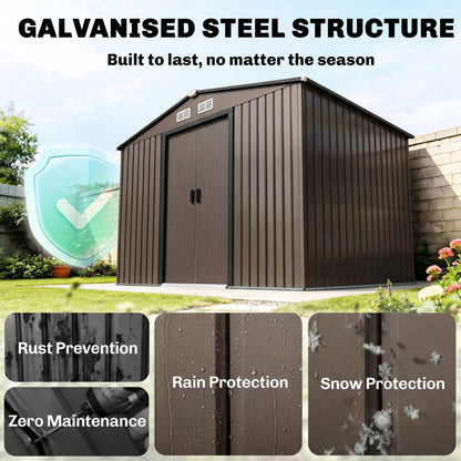 9 x 6ft Metal Garden Shed, Outdoor Storage Tool House with Ventilation Slots, Foundation Kit and Lockable Double Doors, Brown