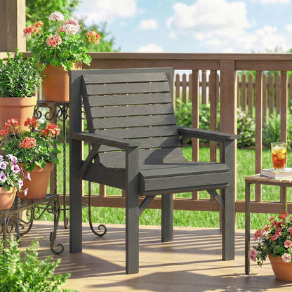 Wooden Garden Dining Chair, Outdoor Chair Garden Armchair with Curved Seat and Wide Armrests, Grey Embossed Finish