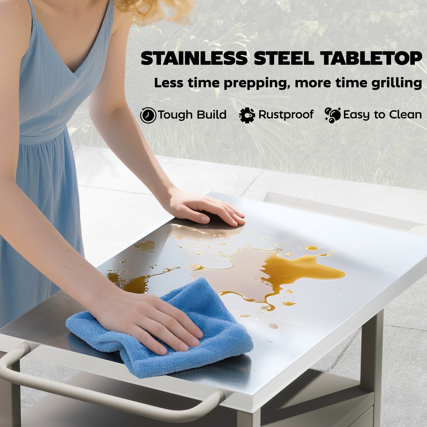 Grill Cart with Stainless Steel Top, Pizza Oven Stand with Cabinet, Spice Rack, Towel Holder, Bottle Opener, Brown