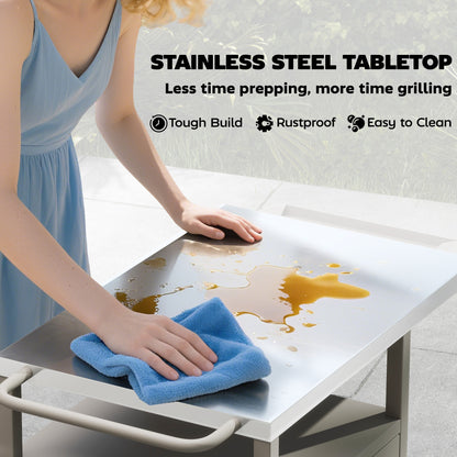 Grill Cart with Stainless Steel Top, Pizza Oven Stand with Cabinet, Spice Rack, Towel Holder, Bottle Opener, Brown