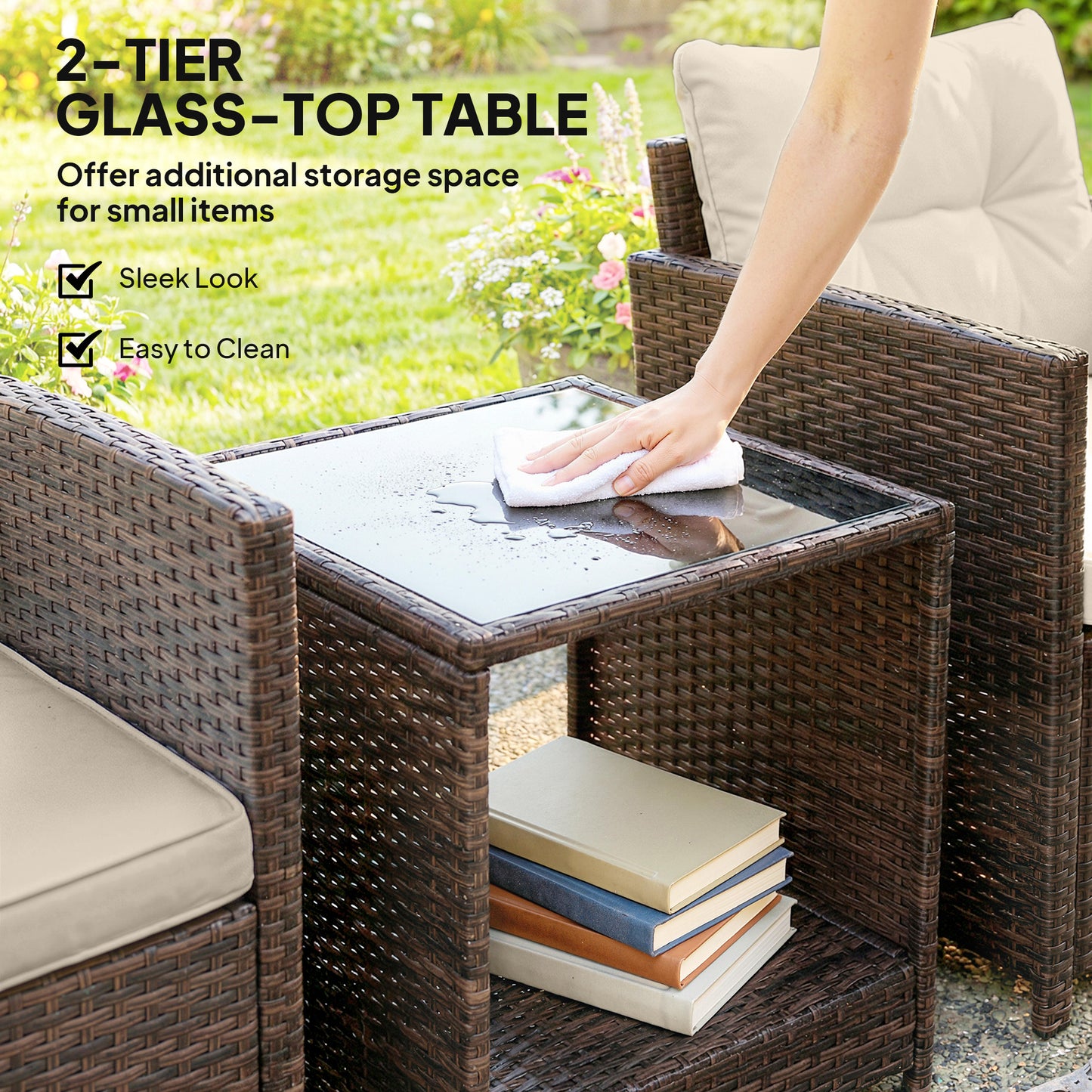 Rattan Bistro Set, 3 Piece Garden Furniture Set with 2 Tier Glass Top Table and Cushions, Mixed Brown