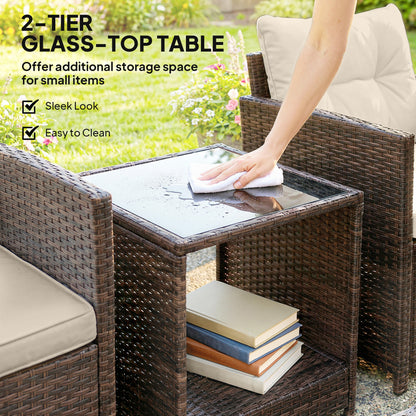 Rattan Bistro Set, 3 Piece Garden Furniture Set with 2 Tier Glass Top Table and Cushions, Mixed Brown
