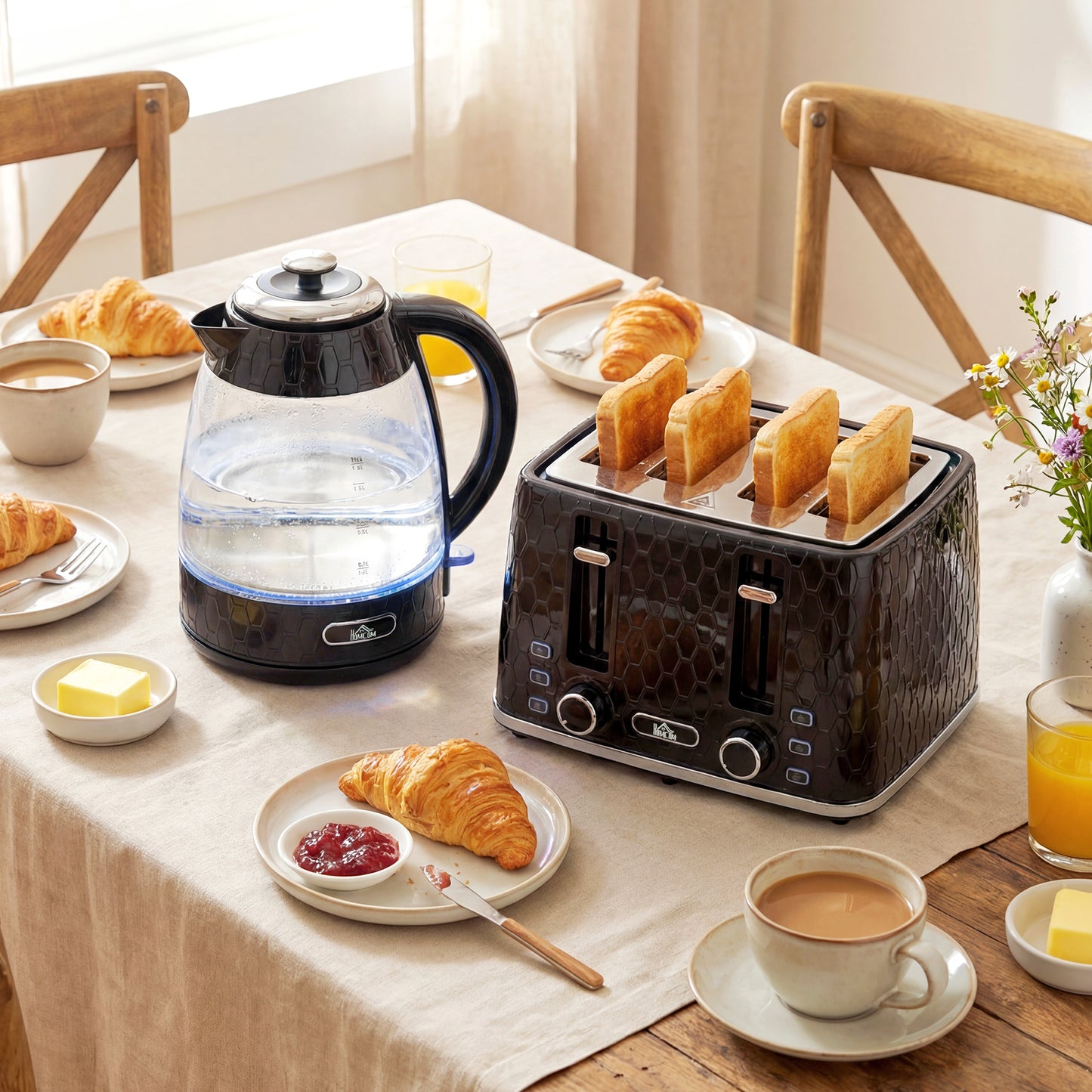 Kettle and Toaster Set, 1.7L 3000W Rapid Kettle with Strix Thermostat, 4 Slice Toaster with 7 Browning Controls, Black