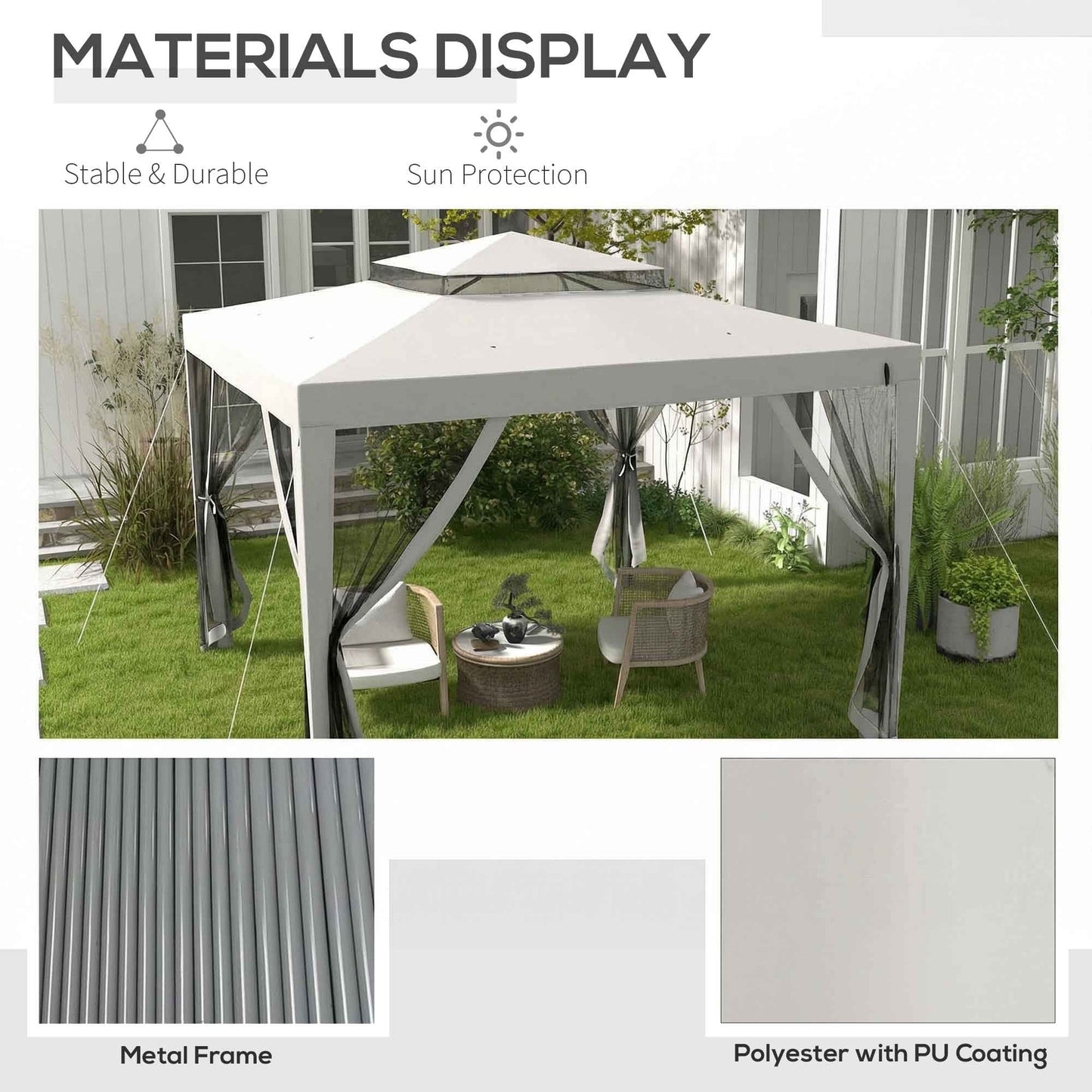 3 x 3 m Gazebo, Netting Party Tent, Patio Canopy Outdoor Event Shelter with Double Tier Roof, Light Grey