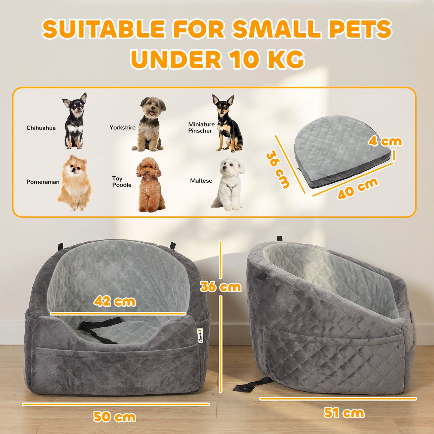 Dog Car Seat, Detachable Washable Dog Booster Seat with Thick Cushion, Seat Belt, Pockets for Small Under 10kg, Grey