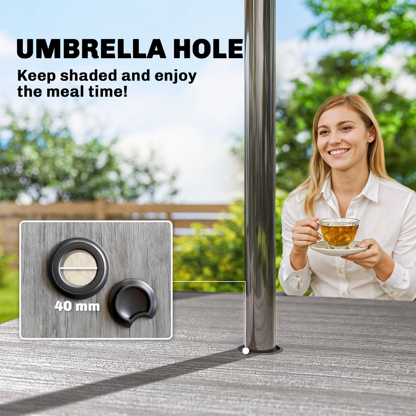 Garden Dining Table for 4, 85 cm Square Outdoor Table with Umbrella Hole, Faux Wood Top, Metal Legs, Light Grey