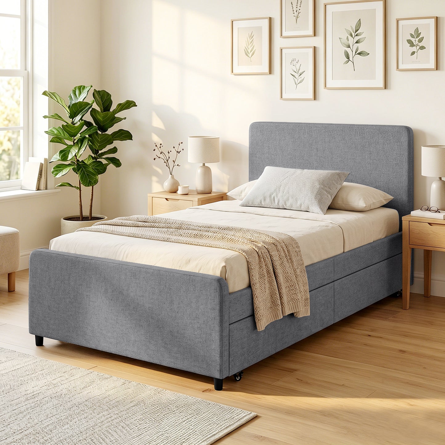 3ft Single Bed Frame with Trundle, Upholstered Pull Out Trundle Bed with Headboard and Footboard, Dark Grey