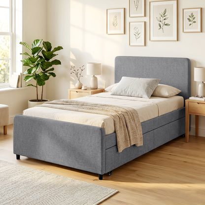 3ft Single Bed Frame with Trundle, Upholstered Pull Out Trundle Bed with Headboard and Footboard, Dark Grey
