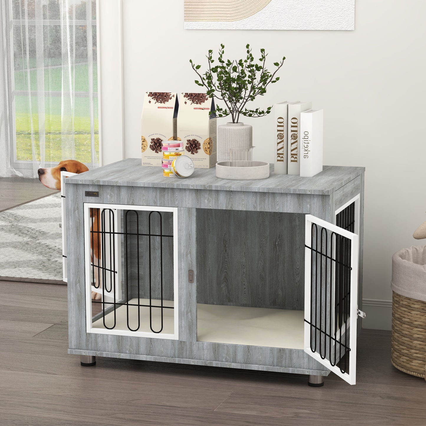 Dog Crate Furniture End Table, with Washable Cushion, Double Doors, for Medium/Large Dogs, Grey