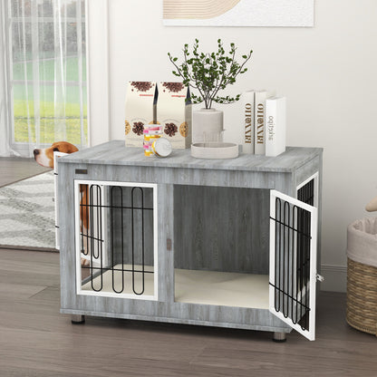 Dog Crate Furniture End Table, with Washable Cushion, Double Doors, for Medium/Large Dogs, Grey