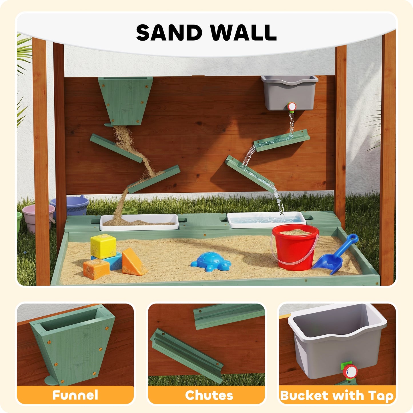Wood Sandpit with Canopy, Storage Bins, Funnel, Liner, Chutes, Bucket with Tap, 116 x 112.5 x 128 cm, Green