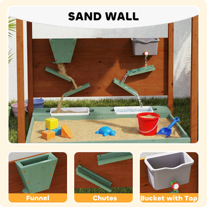 Wood Sandpit with Canopy, Storage Bins, Funnel, Liner, Chutes, Bucket with Tap, 116 x 112.5 x 128 cm, Green