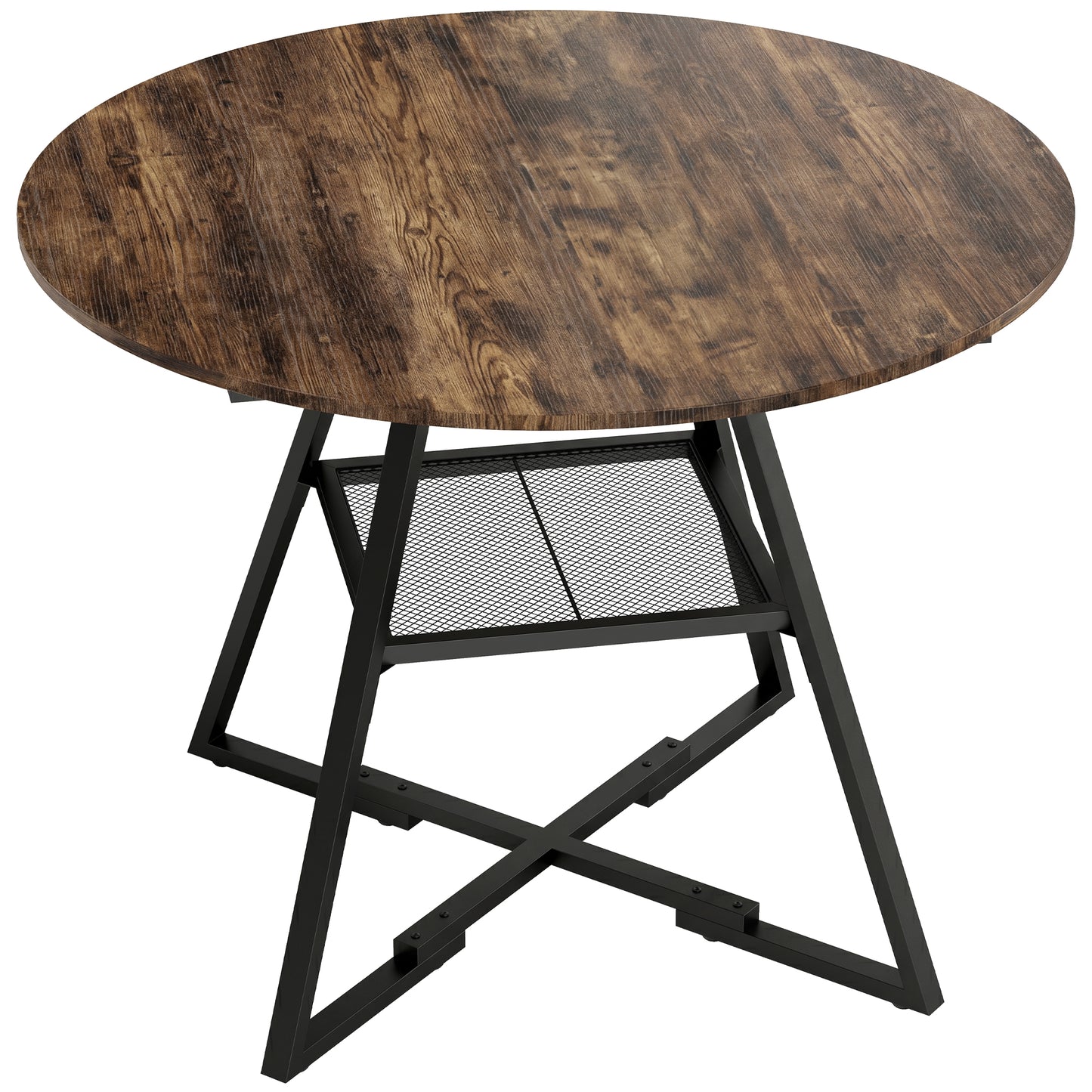 Dining Table for 4 People, 100 cm Round Industrial Kitchen Table with Storage Shelf, Rustic Brown