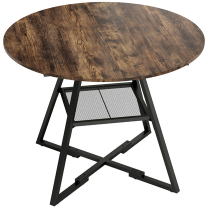 Dining Table for 4 People, 100 cm Round Industrial Kitchen Table with Storage Shelf, Rustic Brown